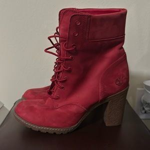 Gorgeous, red high heeled Timberland boots
